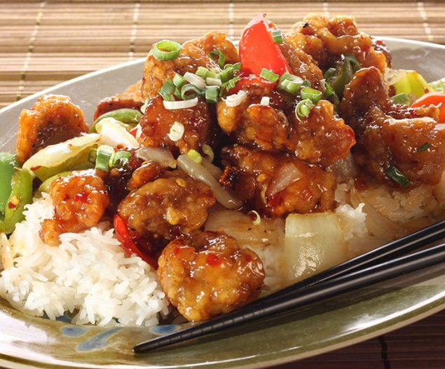 Sweet and sour pork and rice. Part of a series of nine Asian food dishes.